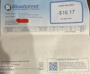 Energy bill showing a credit instead of a balance due to solar panels.