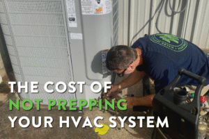 "The Cost of Not Prepping Your HVAC System" cover photo of a Malek technician working on an HVAC system.