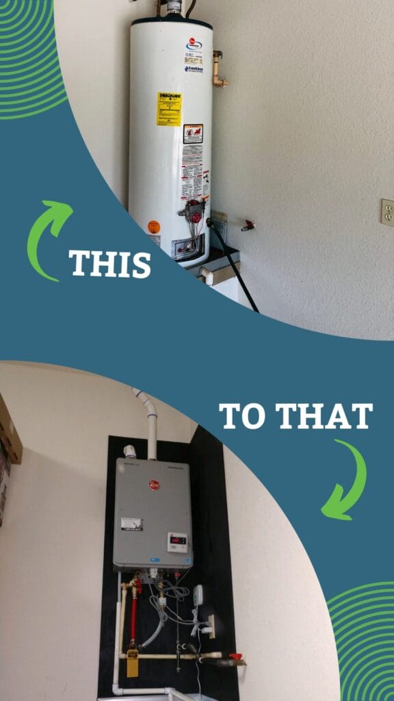 Showing the physical product of a tank water heater vs a tankless water heater