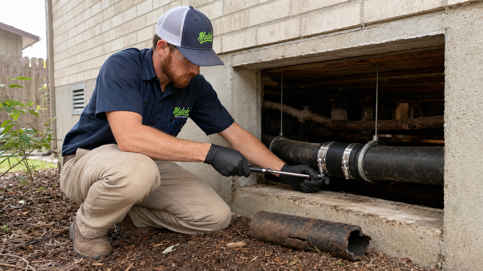 Malek plumber repairing a damaged residential drain line