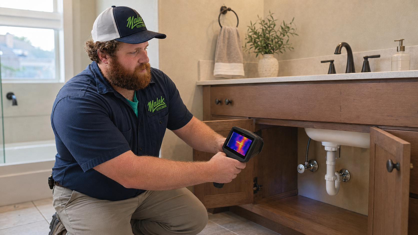 Malek technician using professional equipment to locate a plumbing leak