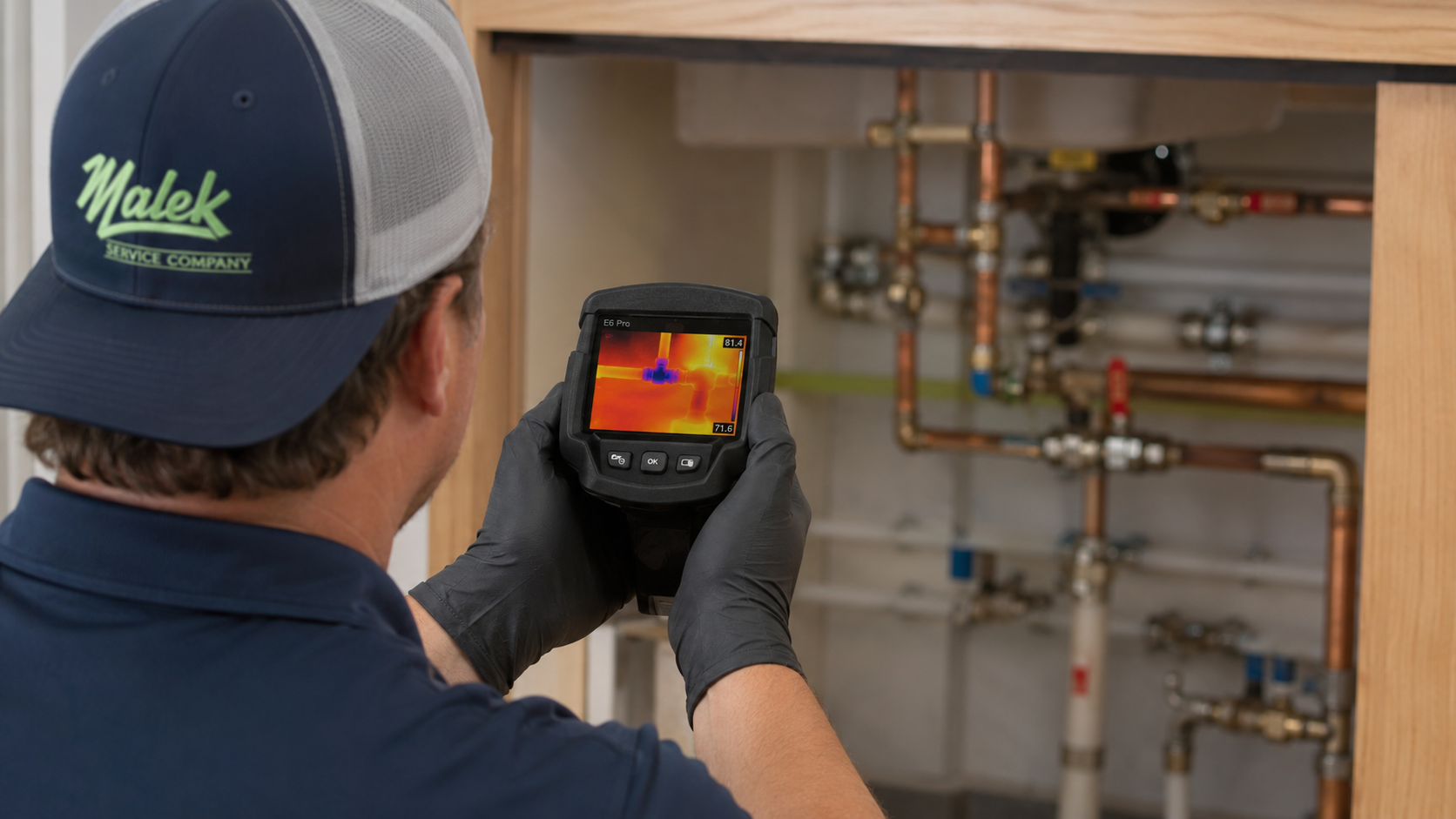 Malek plumber using thermal imaging equipment to locate a hidden plumbing leak