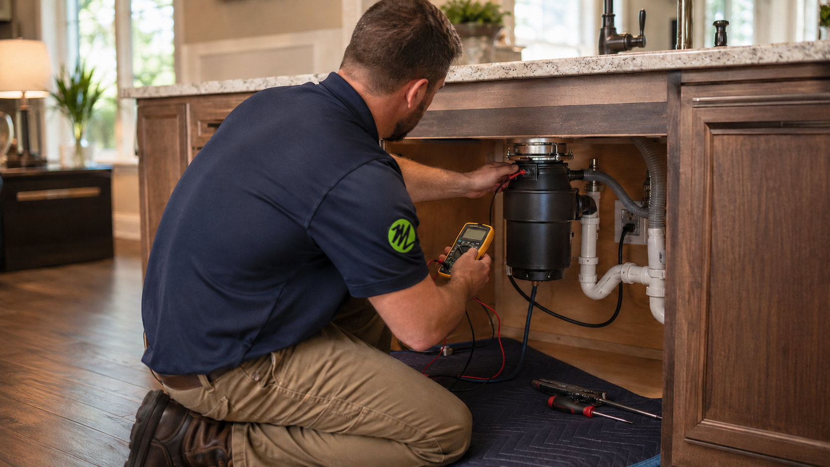 Malek plumbing professional evaluating a residential garbage disposal
