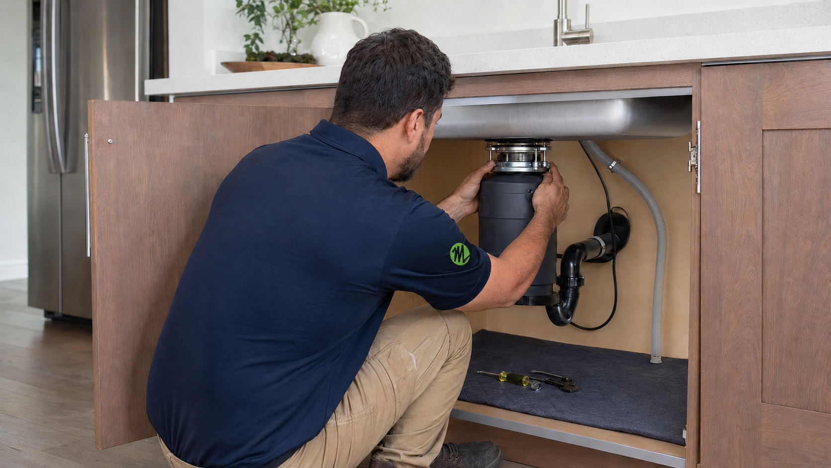 Malek plumber carefully evaluating a residential garbage disposal and its plumbing connections