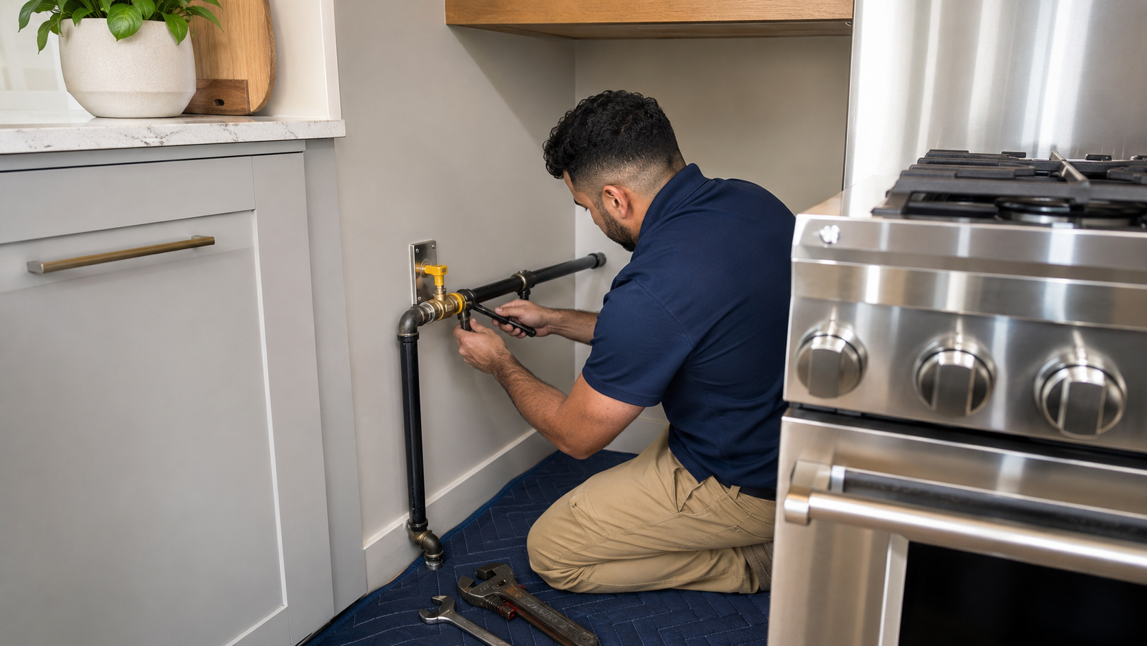 Malek plumber completing a careful residential gas line evaluation