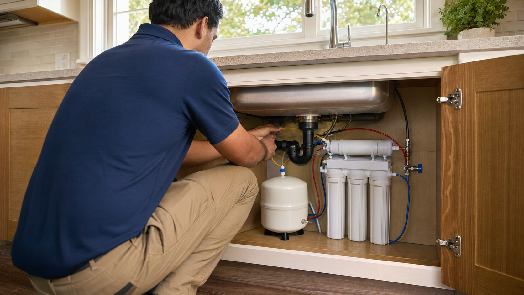 Malek plumber carefully evaluating residential plumbing and water-treatment connections