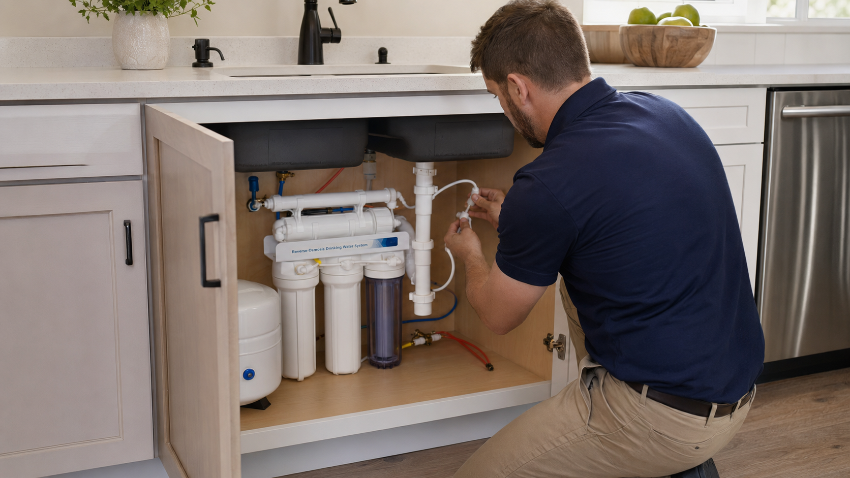 Residential reverse osmosis drinking water system installed beneath a kitchen sink