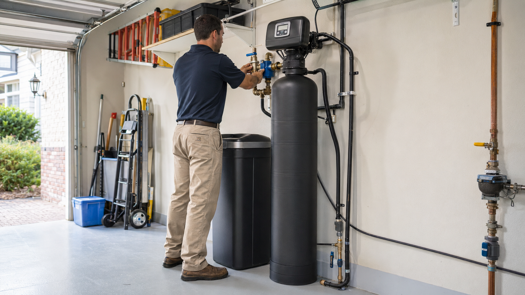 Residential water softener system installed inside a home