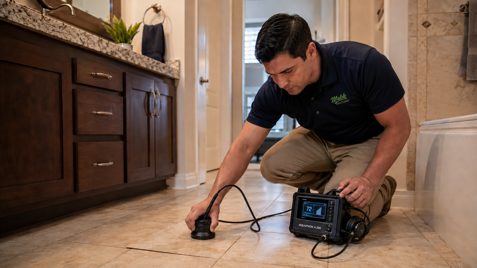 Malek plumber using professional equipment to locate a slab leak
