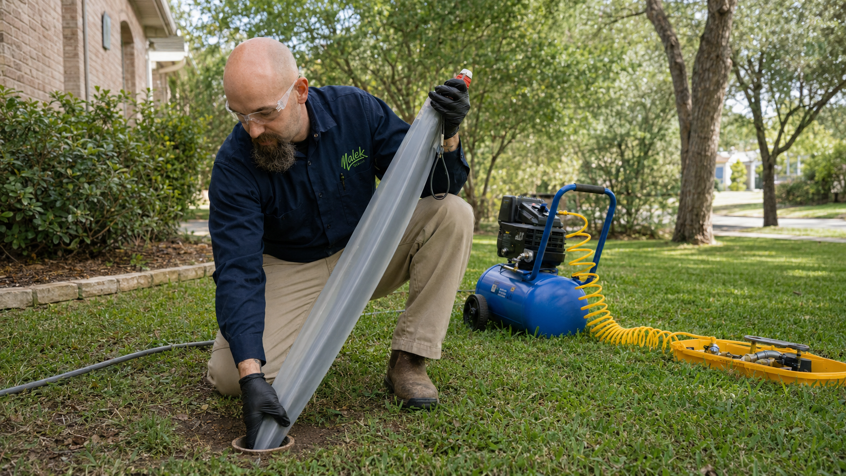 Malek plumber completing trenchless sewer-line work through a controlled access point