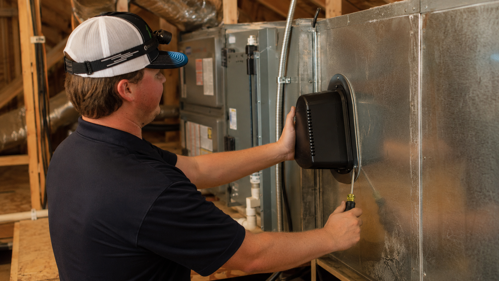 Whole-home air purification equipment installed with a residential HVAC system
