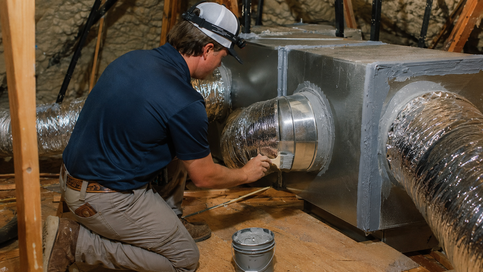 Residential attic ductwork being professionally sealed