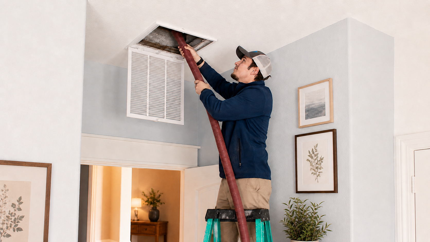 Malek technician performing residential air duct cleaning through a ceiling return