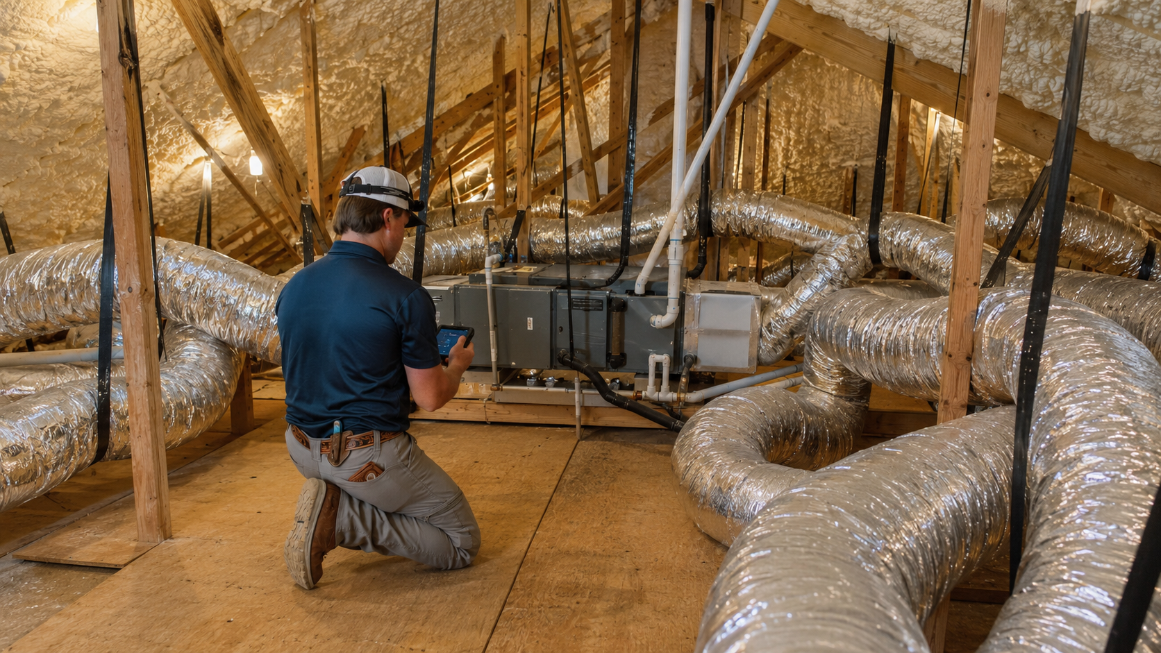Residential attic ductwork layout being evaluated for airflow and duct design