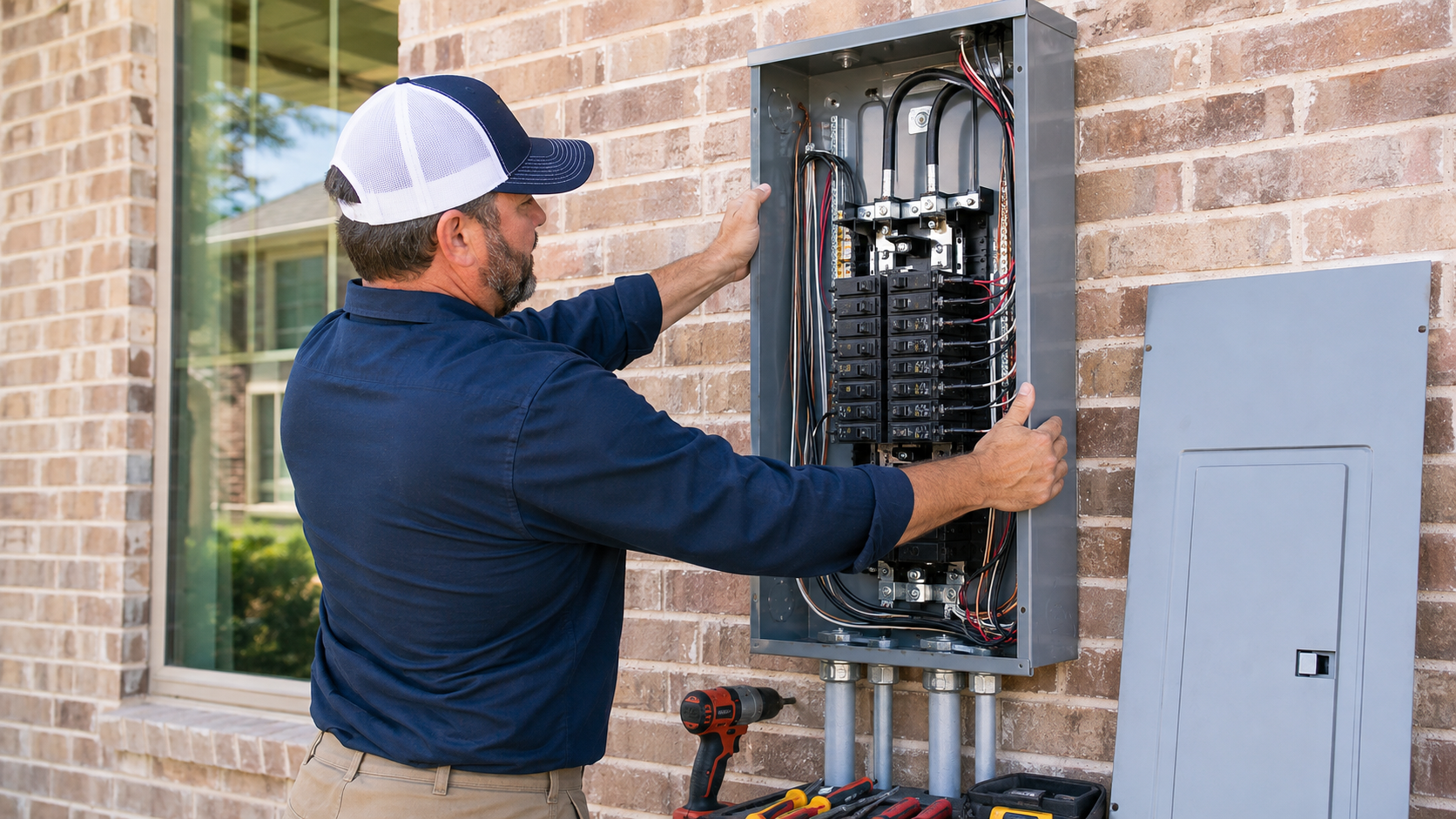 Malek electrician installing a new outdoor residential electrical panel