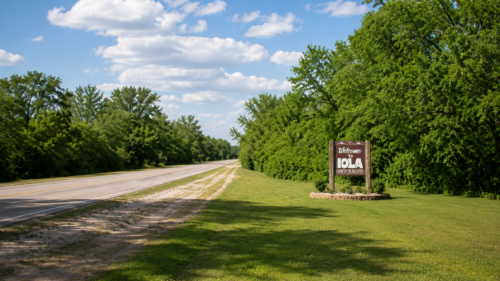 Green roadside landscape representing Iola Texas