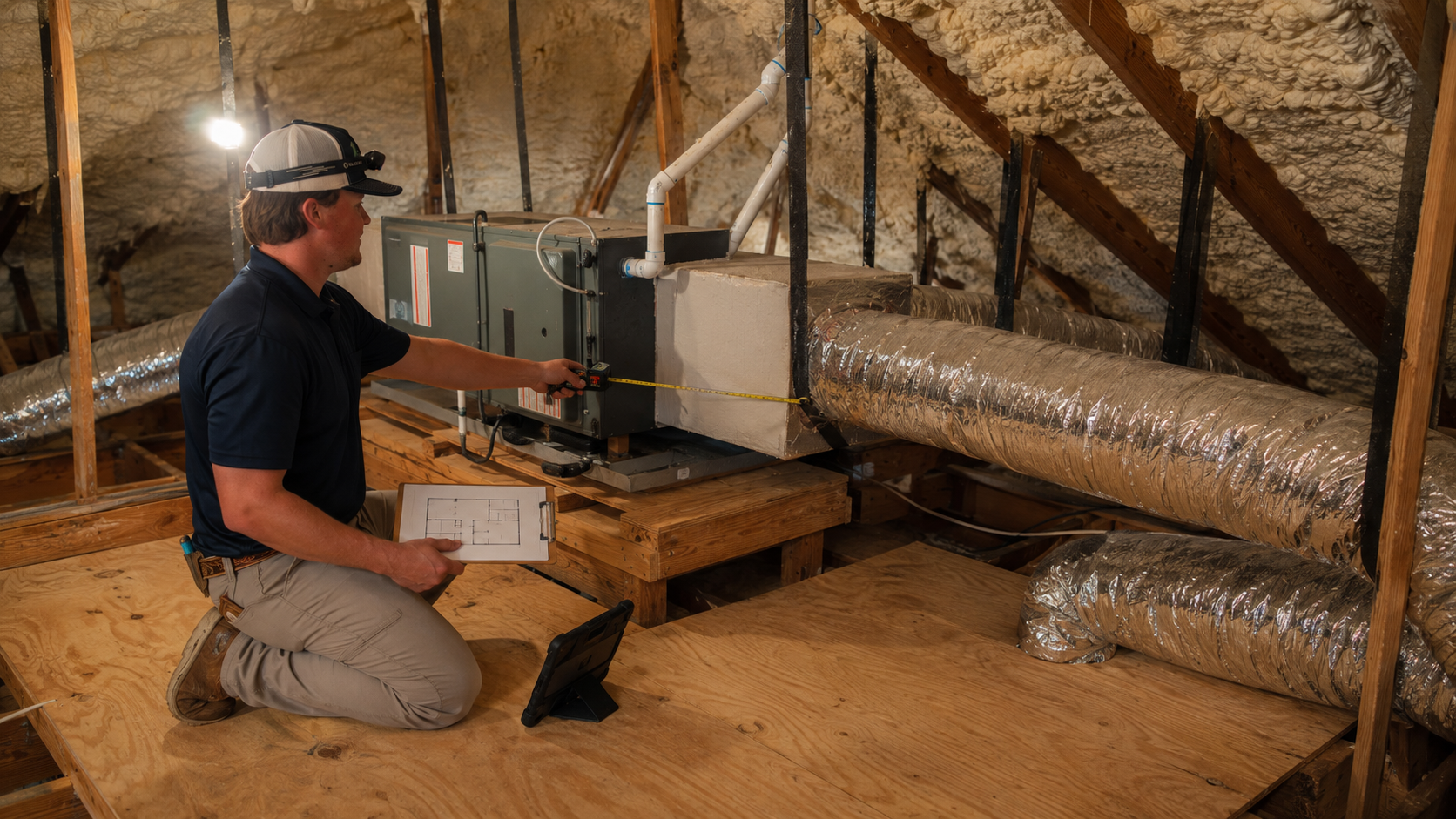 Residential attic ductwork being evaluated for airflow and duct design