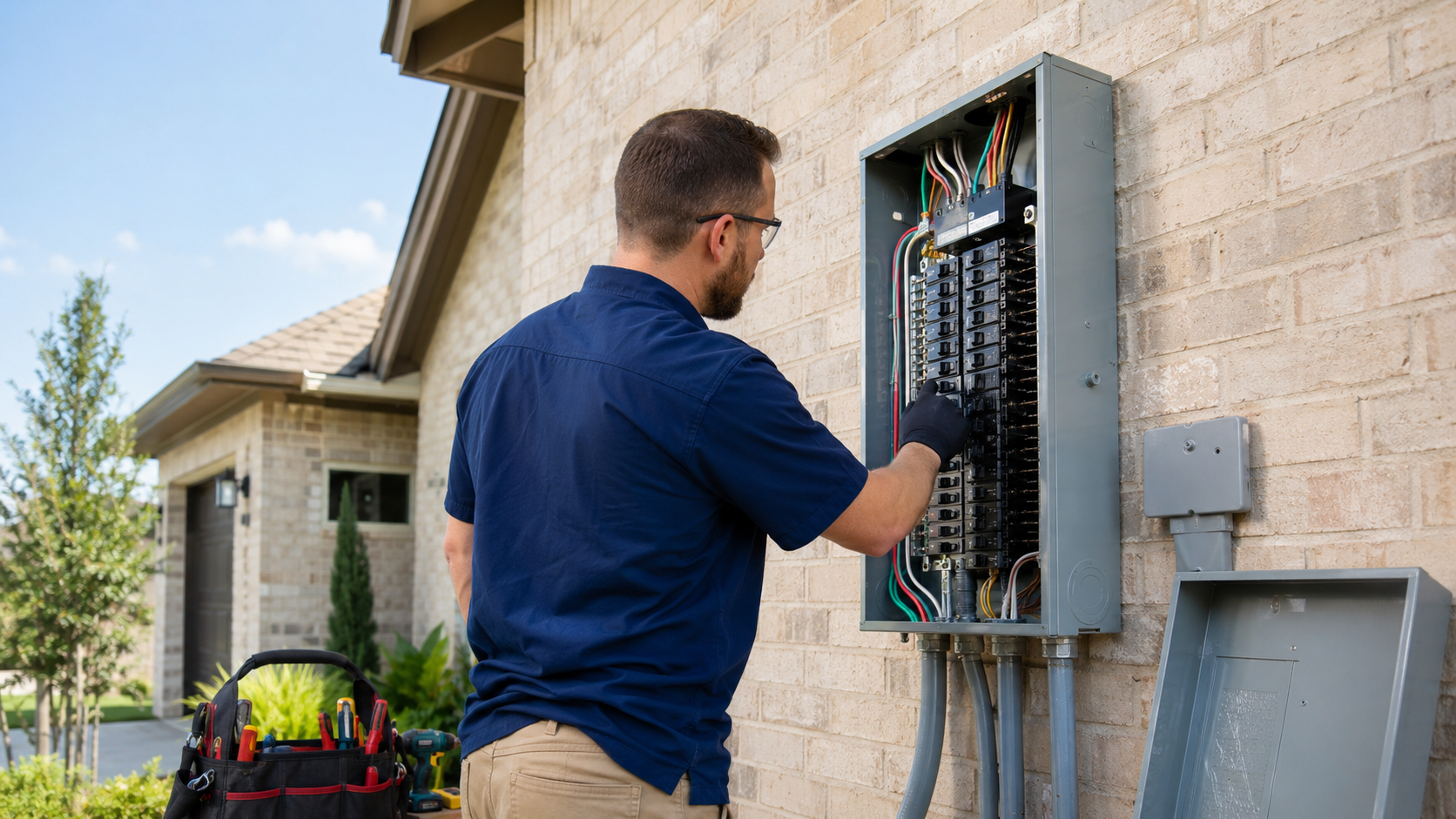 Electrician completing a professional outdoor electrical panel upgrade
