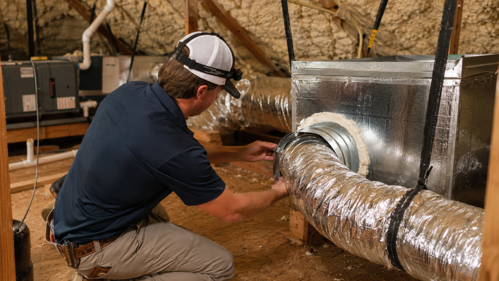 Residential attic ductwork being evaluated for damage and replacement