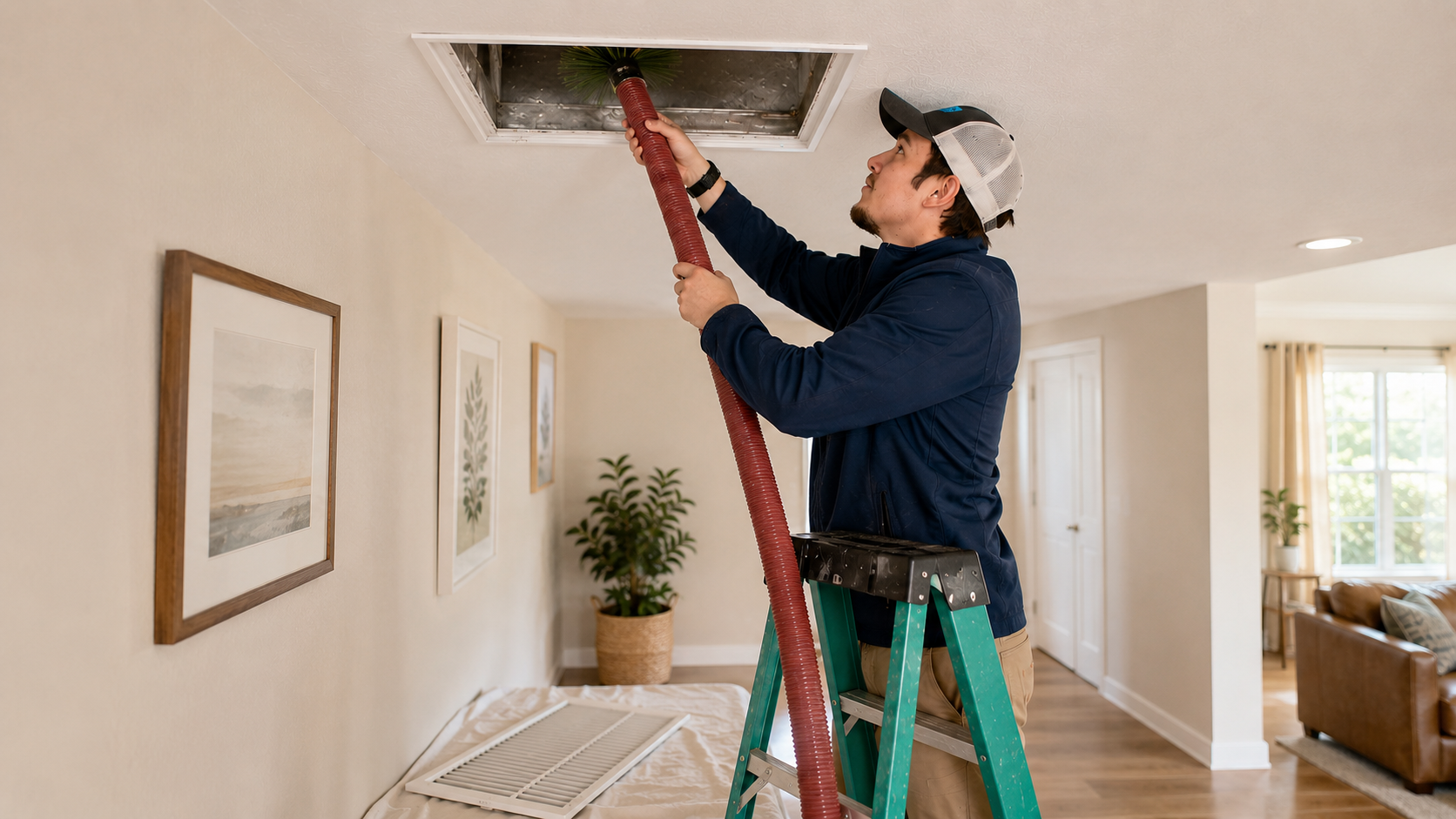 Technician cleaning a residential ceiling return duct