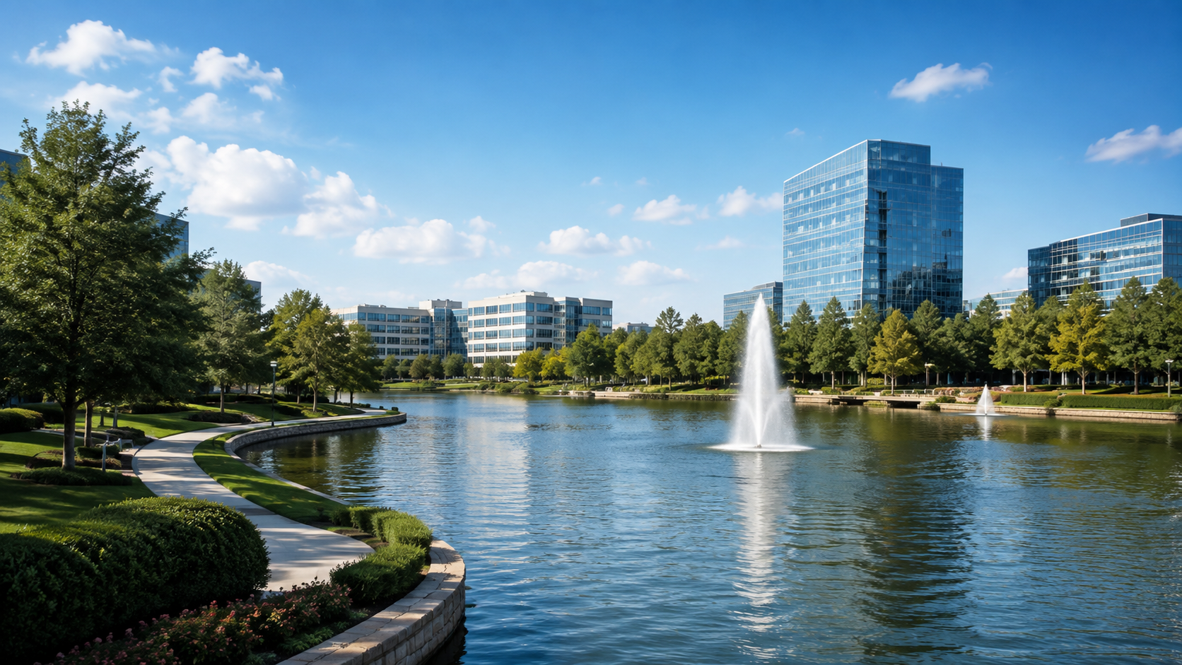 Lake, trees and office buildings representing The Woodlands, Texas service area