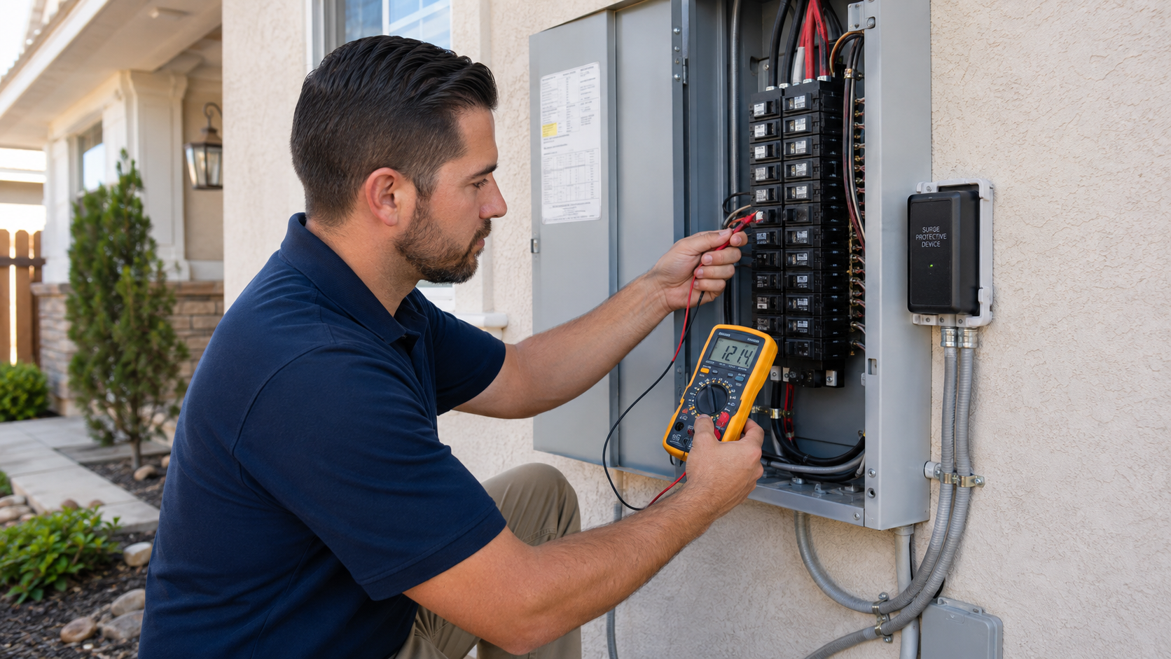 Malek electrician working at an outdoor residential electrical panel
