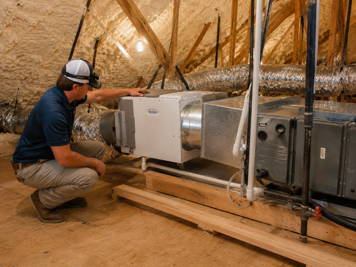 HVAC technician evaluating whole-home dehumidification equipment in a residential attic