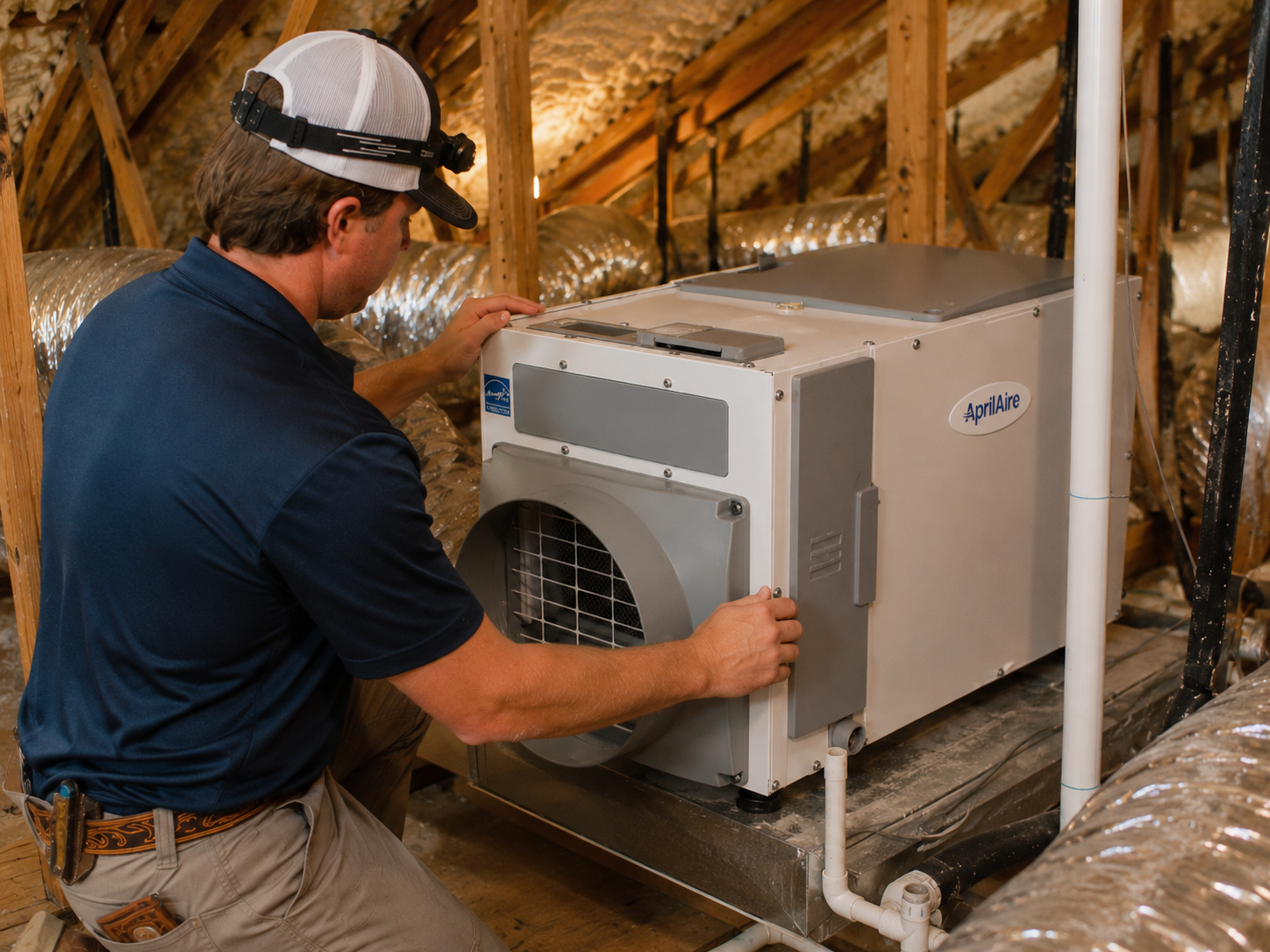HVAC technician evaluating whole-home dehumidification equipment in a residential attic