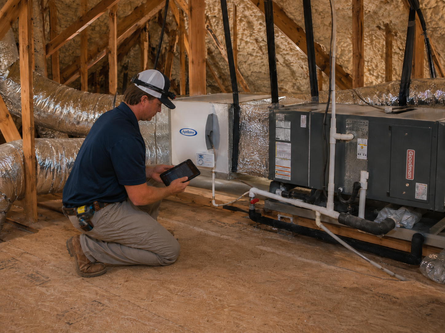 Malek HVAC technician evaluating residential indoor air quality equipment